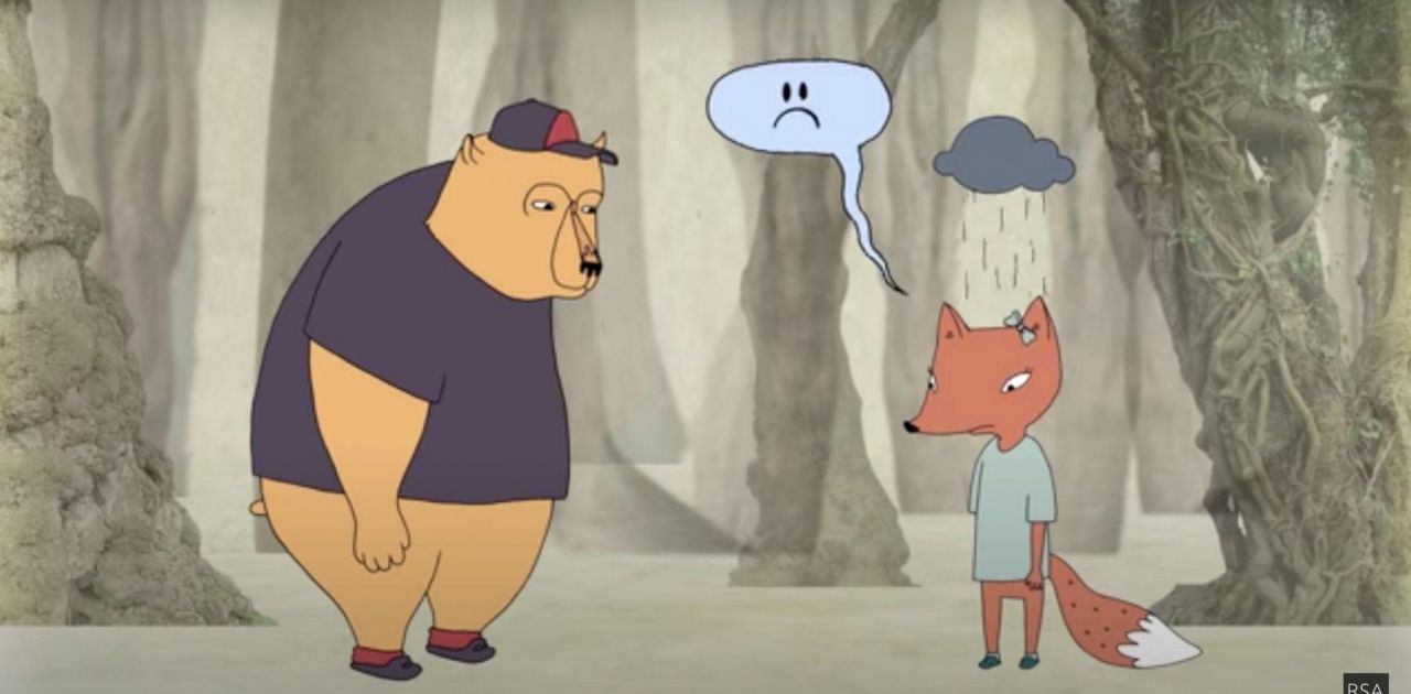 Animated image of a bear and a fox communicating